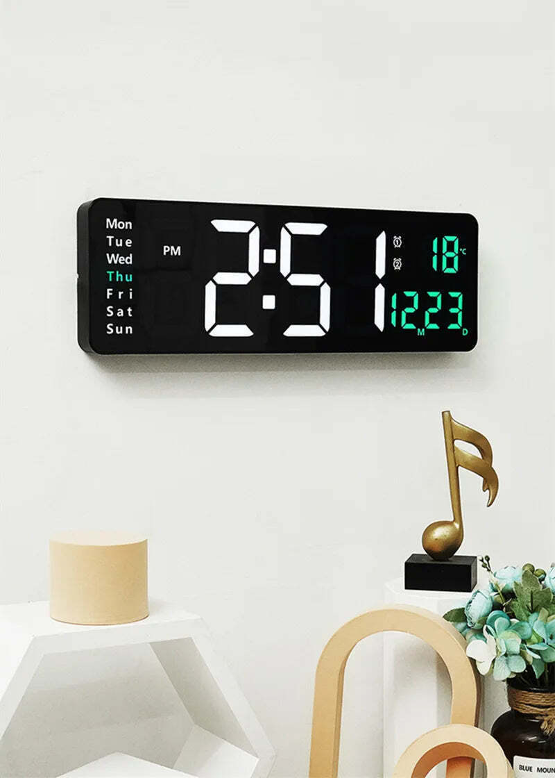 Image of Digital wall clock with temperature, date, and dual alarms - remote control and power-off memory