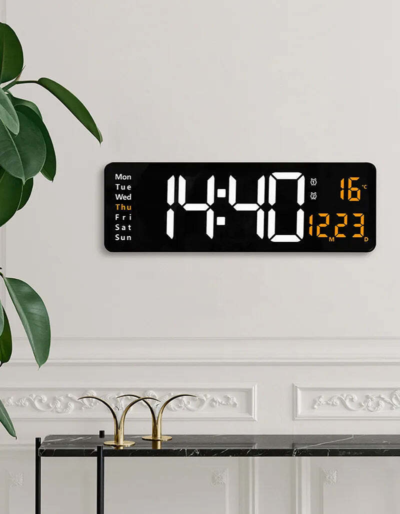 Image of Digital wall clock with temperature, date, and dual alarms - remote control and power-off memory