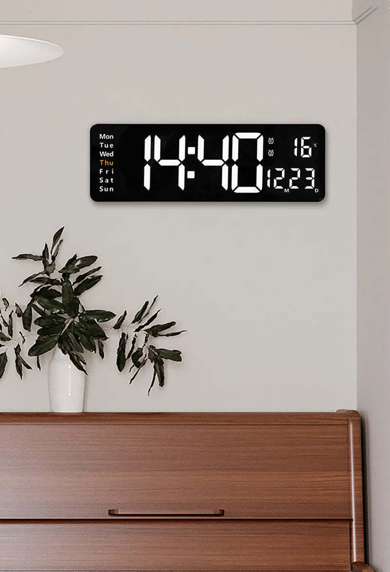 Image of Digital wall clock with temperature, date, and dual alarms - remote control and power-off memory