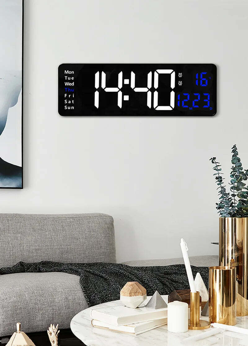 Image of Digital wall clock with temperature, date, and dual alarms - remote control and power-off memory