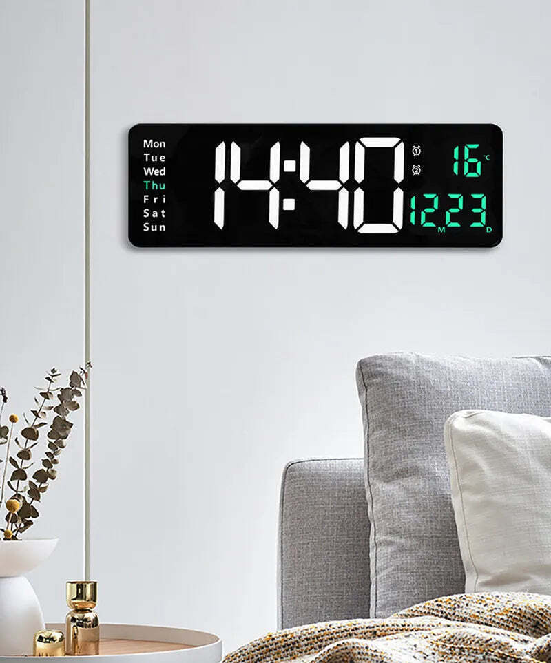 Image of Digital wall clock with temperature, date, and dual alarms - remote control and power-off memory