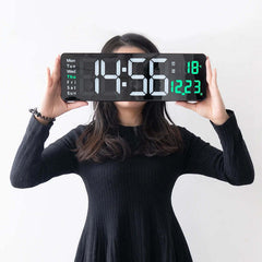 Image of Digital wall clock with temperature, date, and dual alarms - remote control and power-off memory