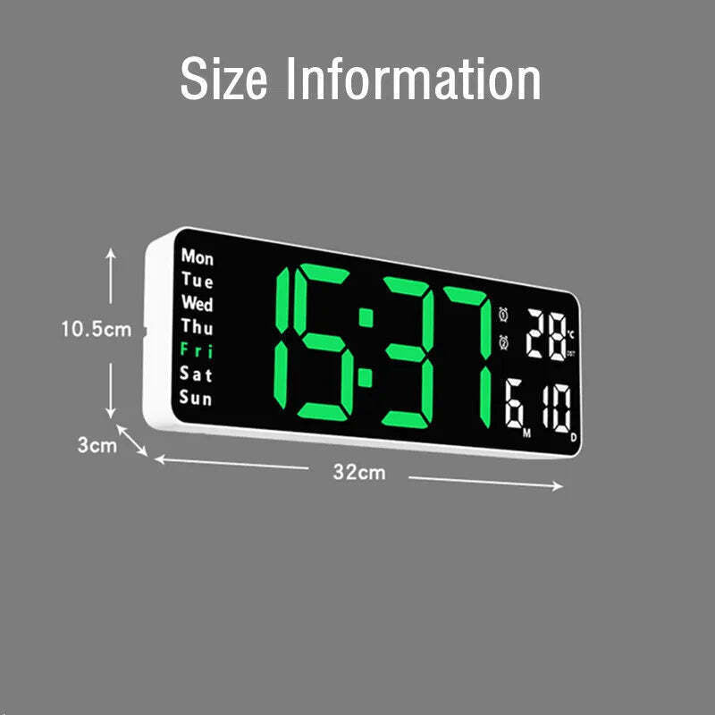 Image of Digital wall clock with temperature, date, and dual alarms - remote control and power-off memory