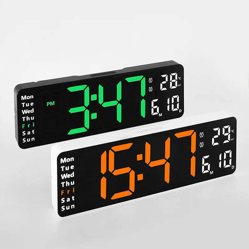 Image of Digital wall clock with temperature, date, and dual alarms - remote control and power-off memory