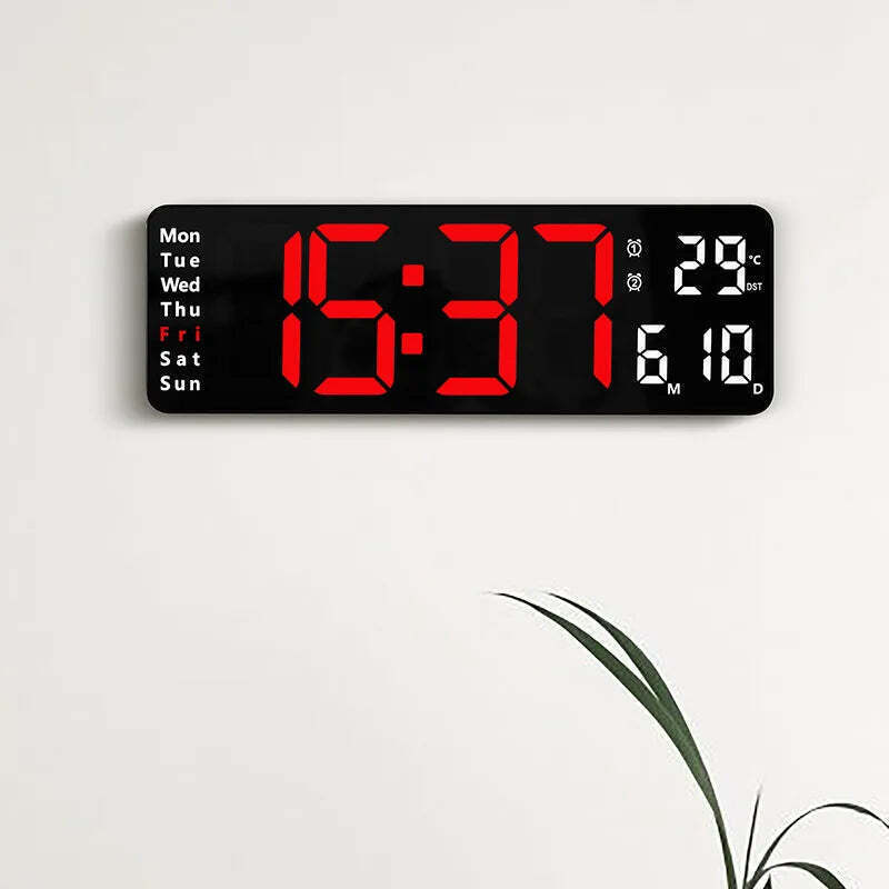 Image of Digital wall clock with temperature, date, and dual alarms - remote control and power-off memory