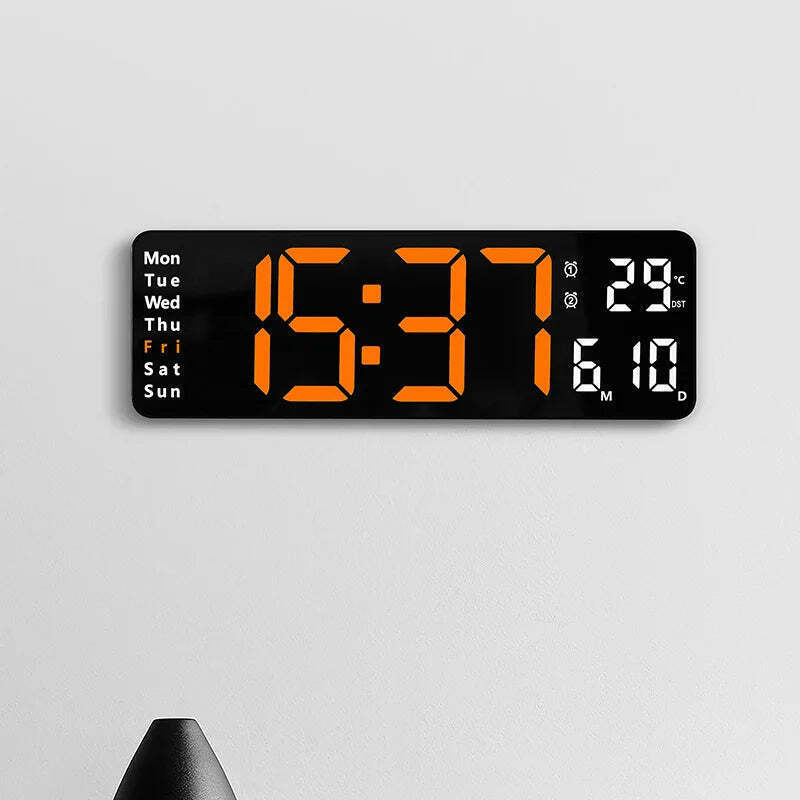 Image of Digital wall clock with temperature, date, and dual alarms - remote control and power-off memory