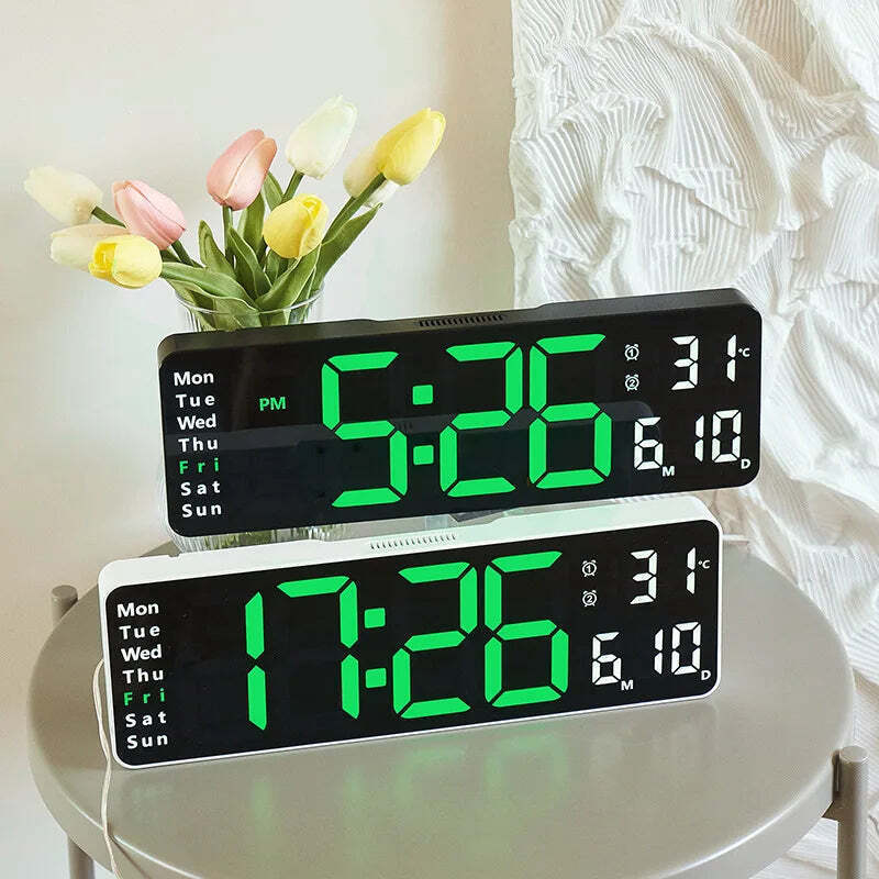 Image of Digital wall clock with temperature, date, and dual alarms - remote control and power-off memory