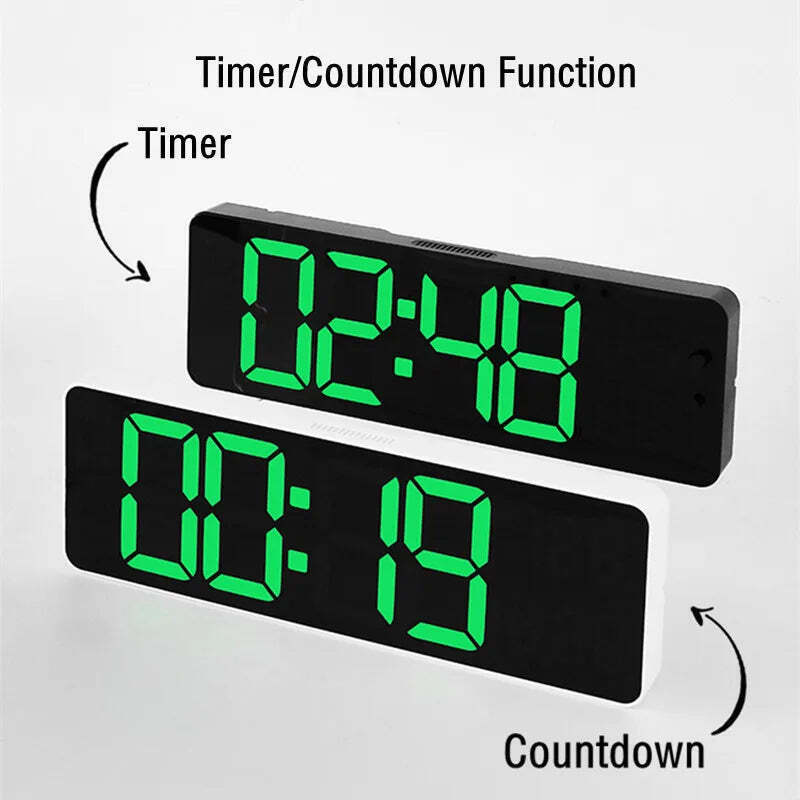 Image of Digital wall clock with temperature, date, and dual alarms - remote control and power-off memory