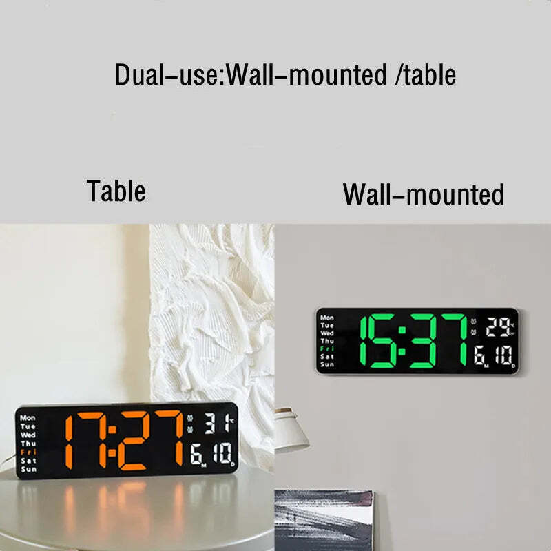 Image of Digital wall clock with temperature, date, and dual alarms - remote control and power-off memory