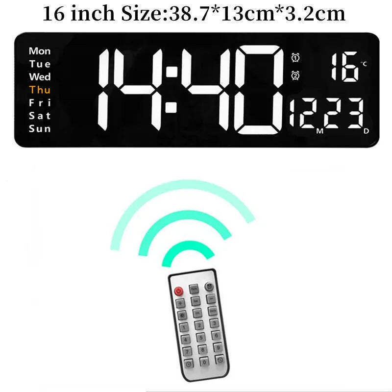 Image of Digital wall clock with temperature, date, and dual alarms - remote control and power-off memory