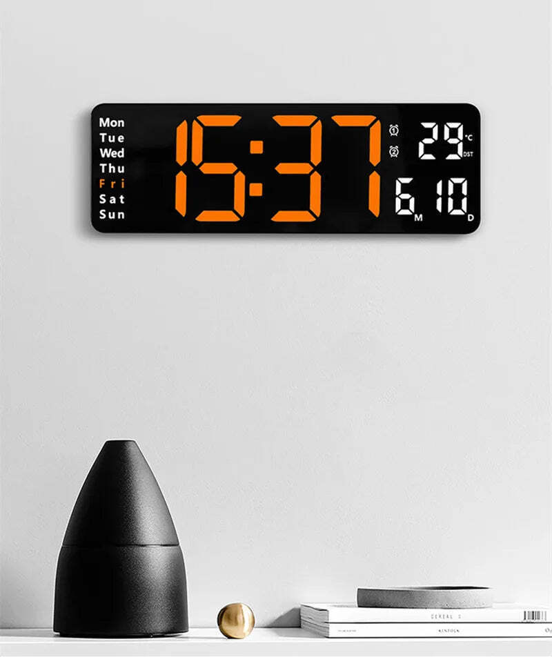 Image of Digital wall clock with temperature, date, and dual alarms - remote control and power-off memory