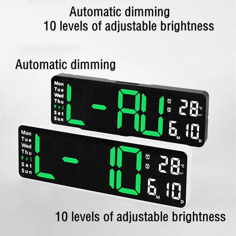 Image of Digital wall clock with temperature, date, and dual alarms - remote control and power-off memory