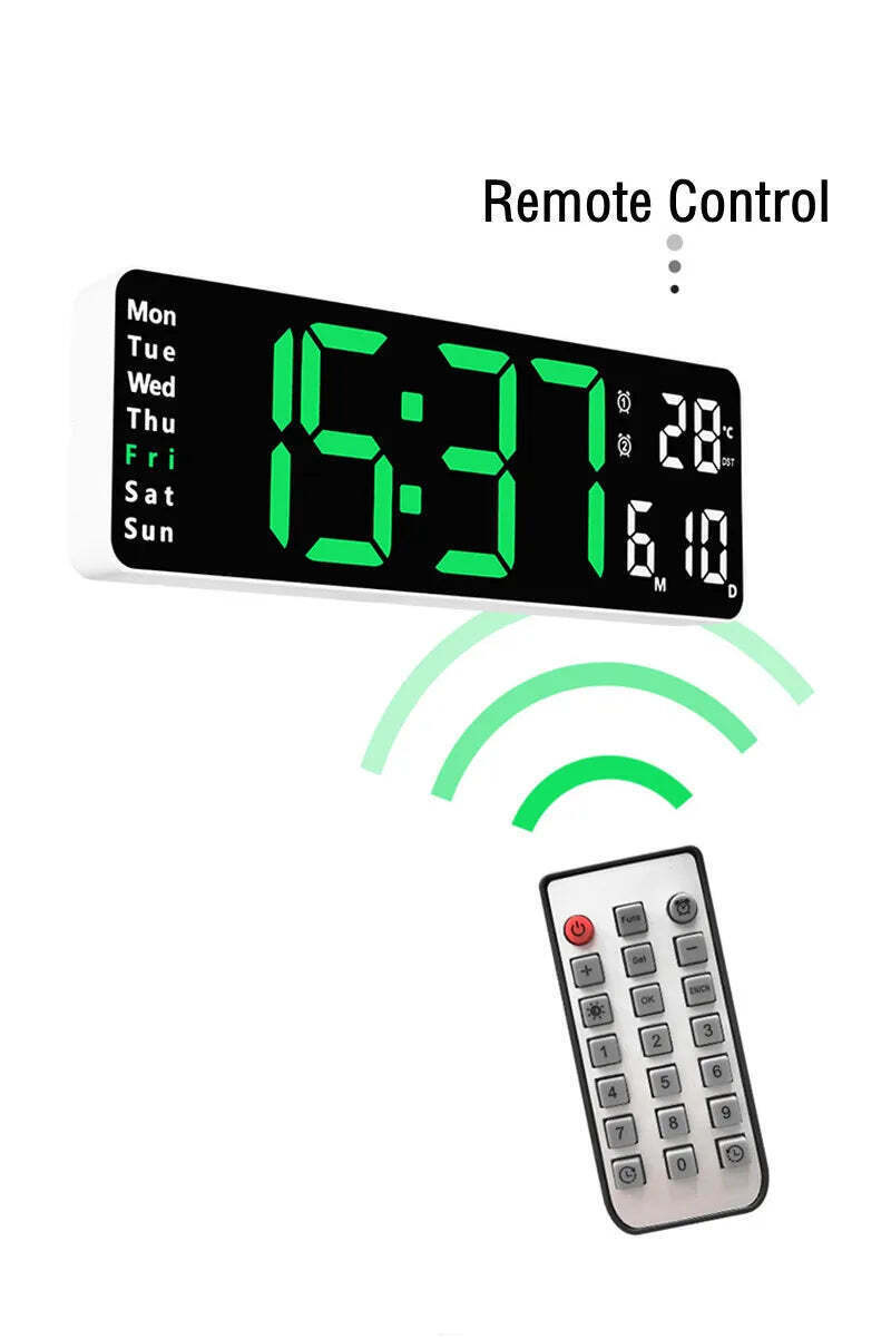 Image of Digital wall clock with temperature, date, and dual alarms - remote control and power-off memory