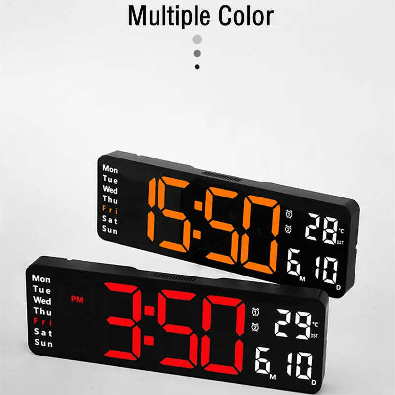 Image of Digital wall clock with temperature, date, and dual alarms - remote control and power-off memory