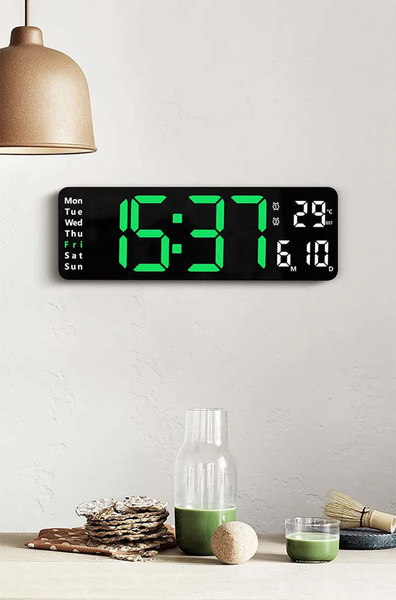 Image of Digital wall clock with temperature, date, and dual alarms - remote control and power-off memory