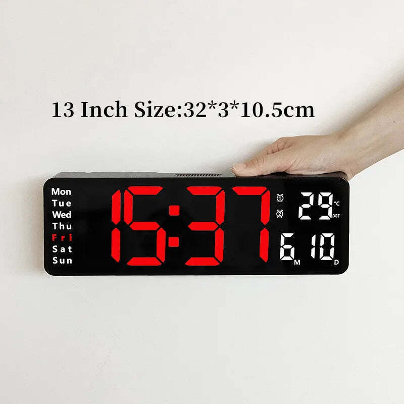 Image of Digital wall clock with temperature, date, and dual alarms - remote control and power-off memory