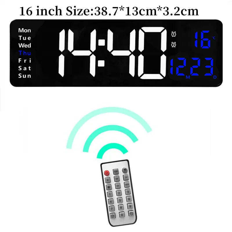 Image of Digital wall clock with temperature, date, and dual alarms - remote control and power-off memory