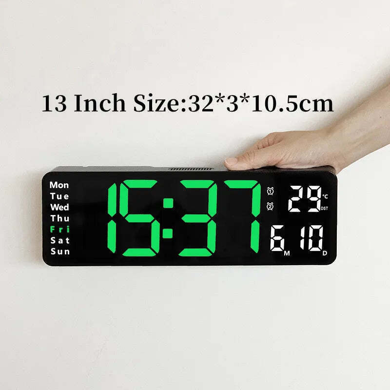 Image of Digital wall clock with temperature, date, and dual alarms - remote control and power-off memory