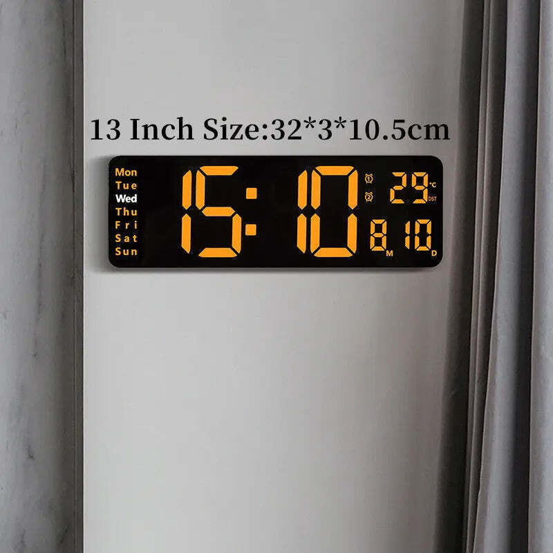 Image of Digital wall clock with temperature, date, and dual alarms - remote control and power-off memory