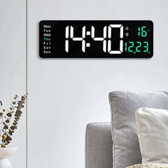 Image of Digital wall clock with temperature, date, and dual alarms - remote control and power-off memory