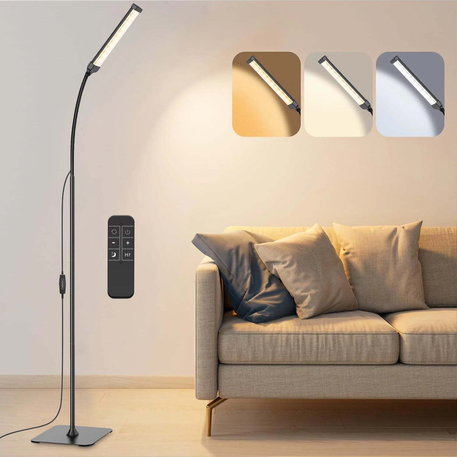 Image of Dimmable LED floor lamp with remote control and adjustable height for versatile lighting