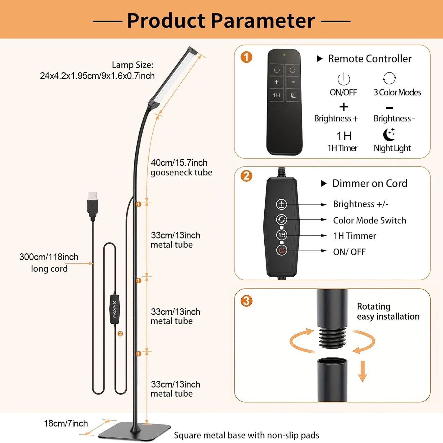 Image of Dimmable LED floor lamp with remote control and adjustable height for versatile lighting