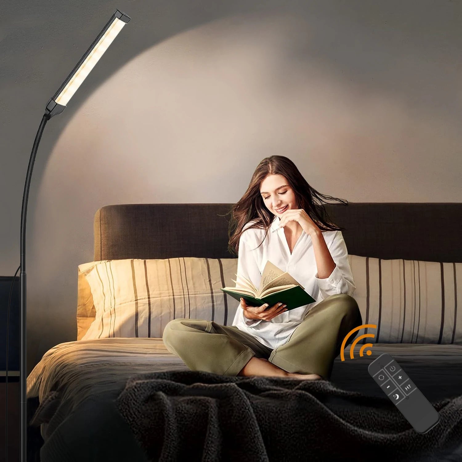 Image of Dimmable LED floor lamp with remote control and adjustable height for versatile lighting