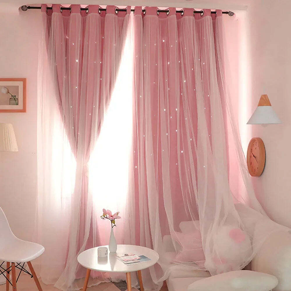 Image of Double layer romantic sheer girls curtains with hollow star design for kids' rooms and living spaces