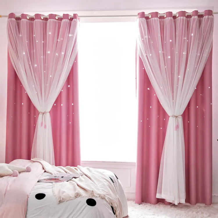 Image of Double layer romantic sheer girls curtains with hollow star design for kids' rooms and living spaces