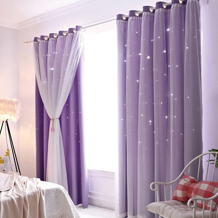 Image of Double layer romantic sheer girls curtains with hollow star design for kids' rooms and living spaces