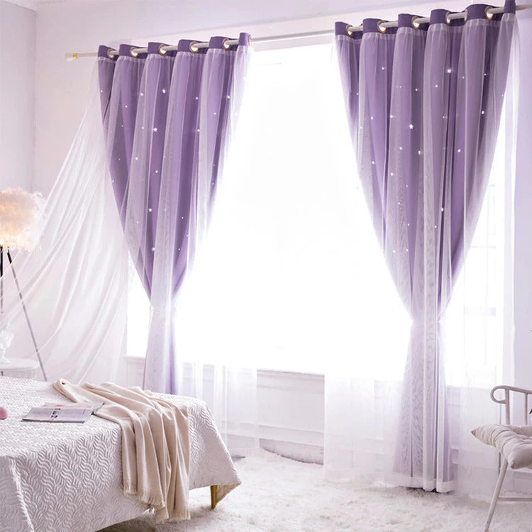 Image of Double layer romantic sheer girls curtains with hollow star design for kids' rooms and living spaces