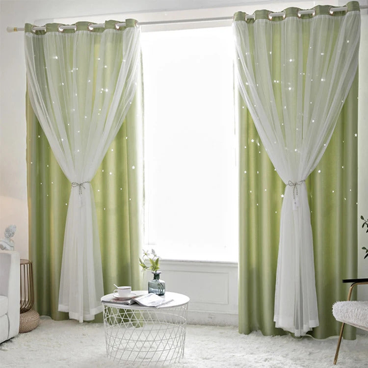 Image of Double layer romantic sheer girls curtains with hollow star design for kids' rooms and living spaces