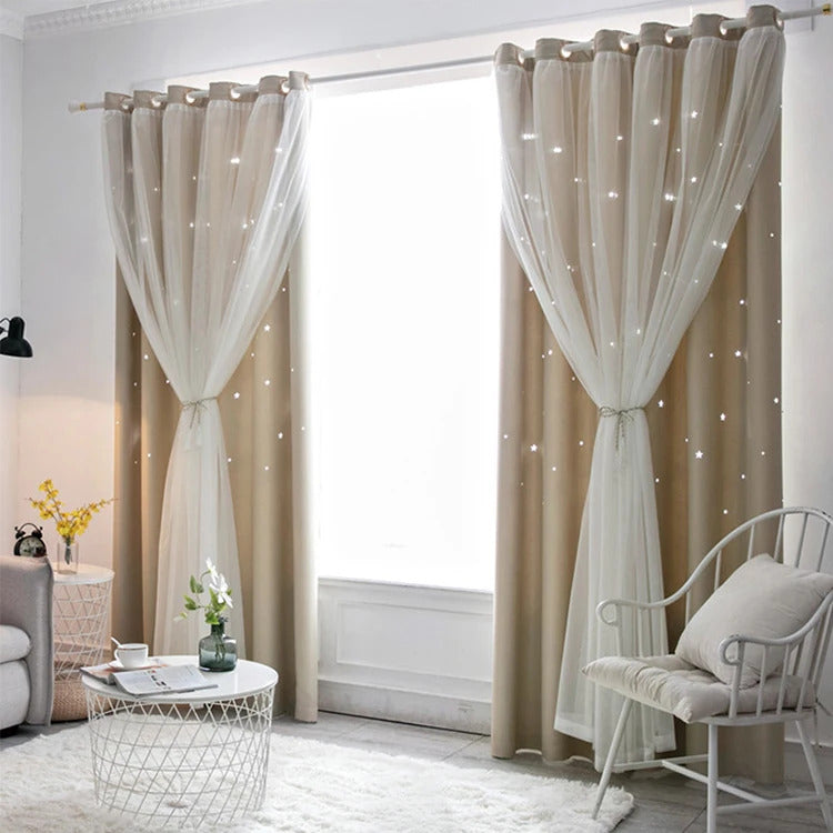 Image of Double layer romantic sheer girls curtains with hollow star design for kids' rooms and living spaces