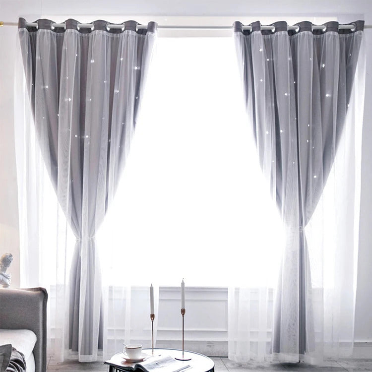 Image of Double layer romantic sheer girls curtains with hollow star design for kids' rooms and living spaces