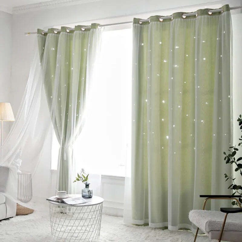 Image of Double layer romantic sheer girls curtains with hollow star design for kids' rooms and living spaces