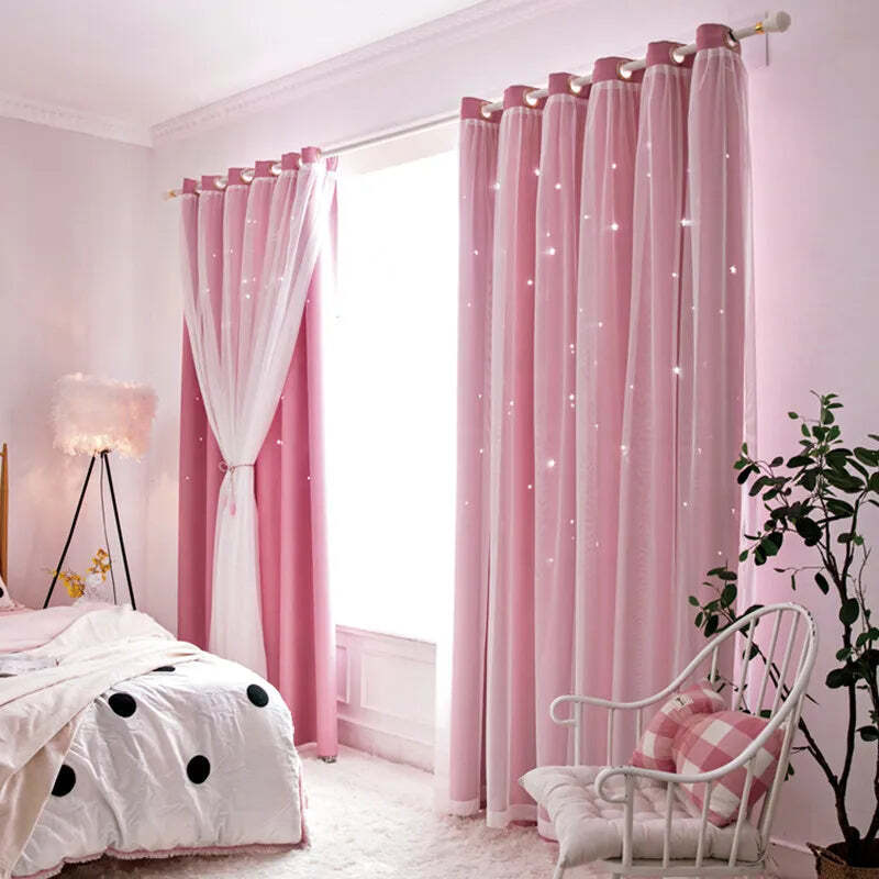 Image of Double layer romantic sheer girls curtains with hollow star design for kids' rooms and living spaces