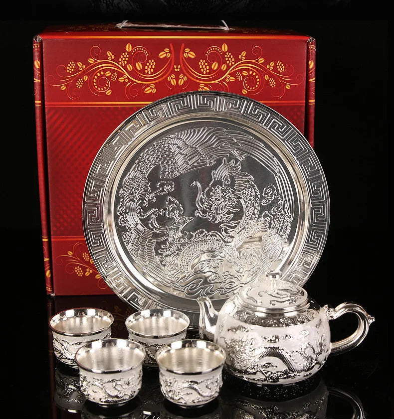 Image of Dragon and phoenix carving tea set - portable Chinese teapot and cup tray gift set