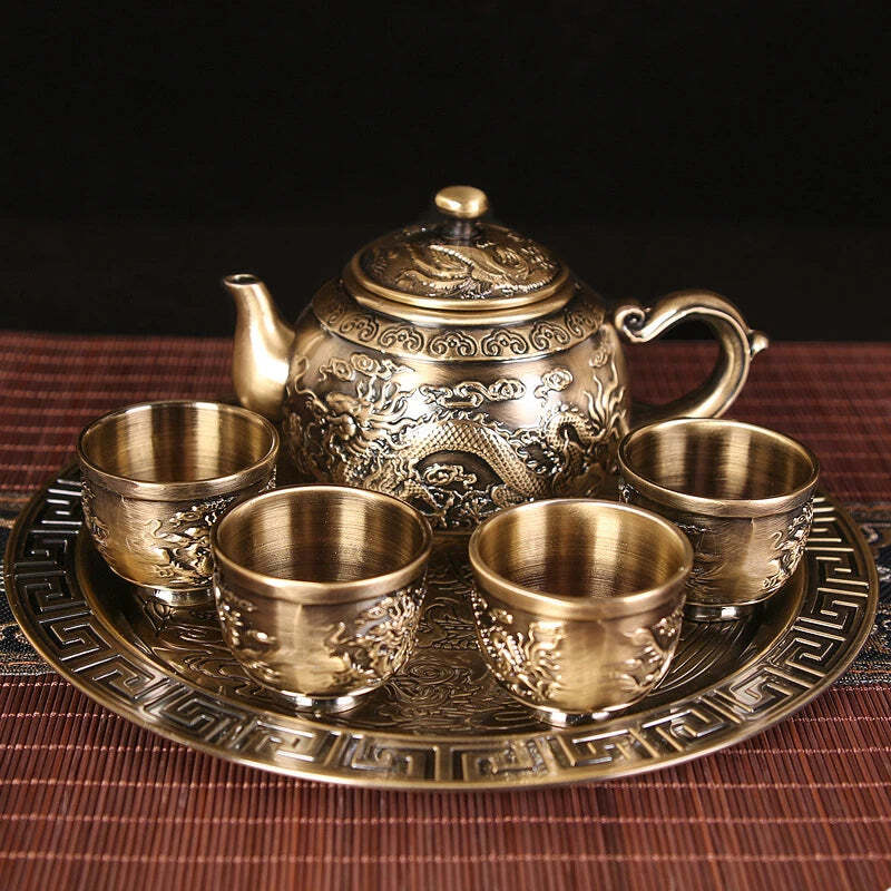 Image of Dragon and phoenix carving tea set - portable Chinese teapot and cup tray gift set