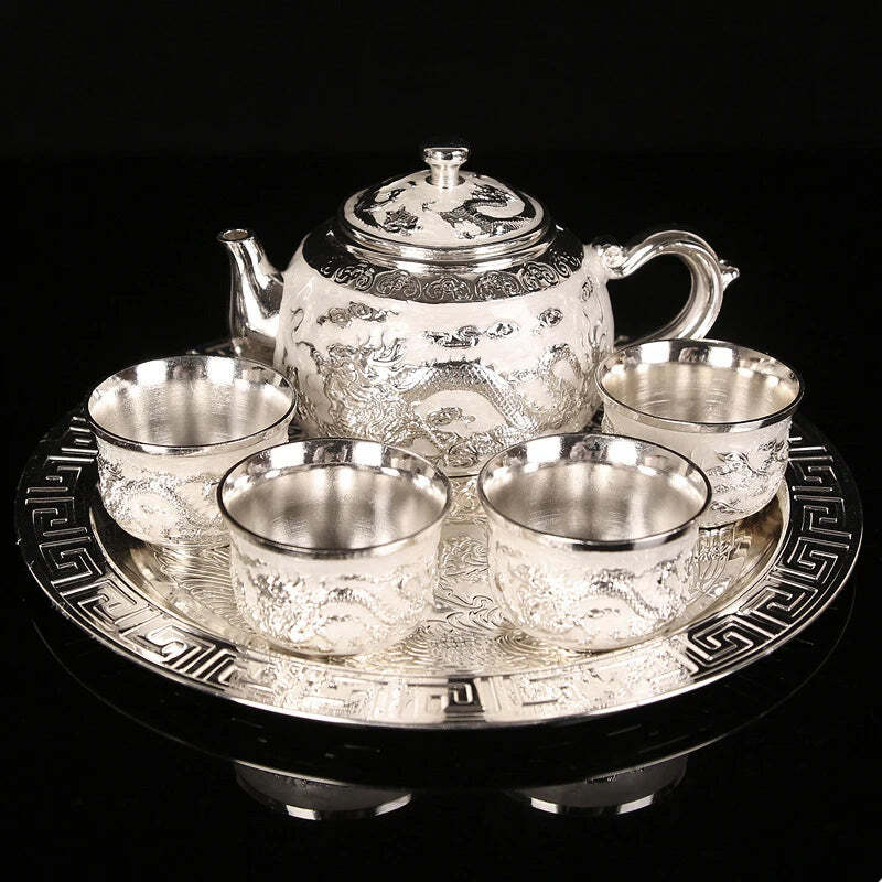 Image of Dragon and phoenix carving tea set - portable Chinese teapot and cup tray gift set