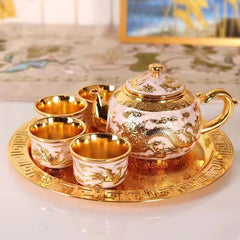 Image of Dragon and phoenix carving tea set - portable Chinese teapot and cup tray gift set