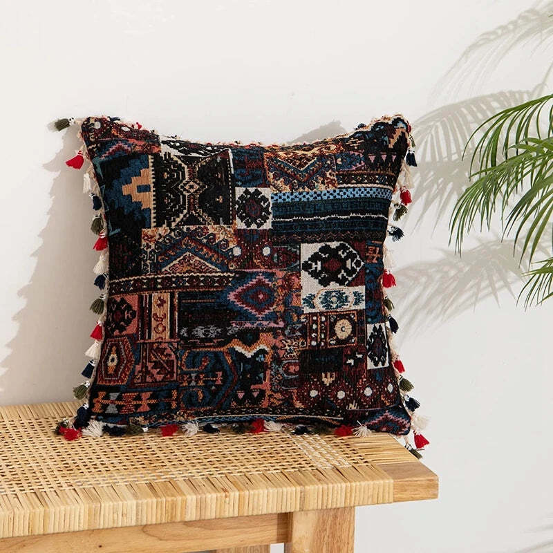 Image of Embroidered boho throw pillow cover with tassels for stylish home décor