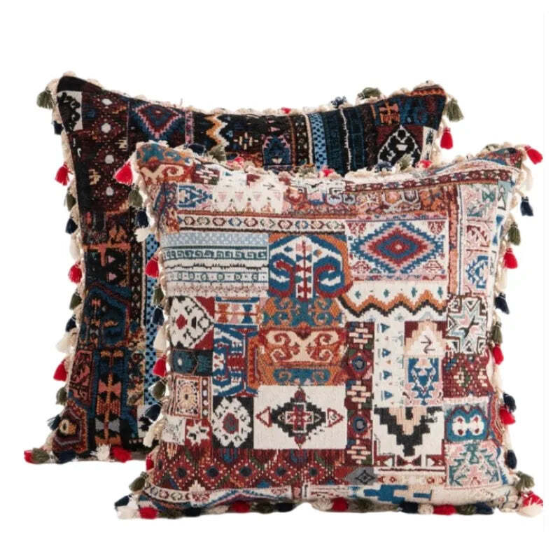 Image of Embroidered boho throw pillow cover with tassels for stylish home décor