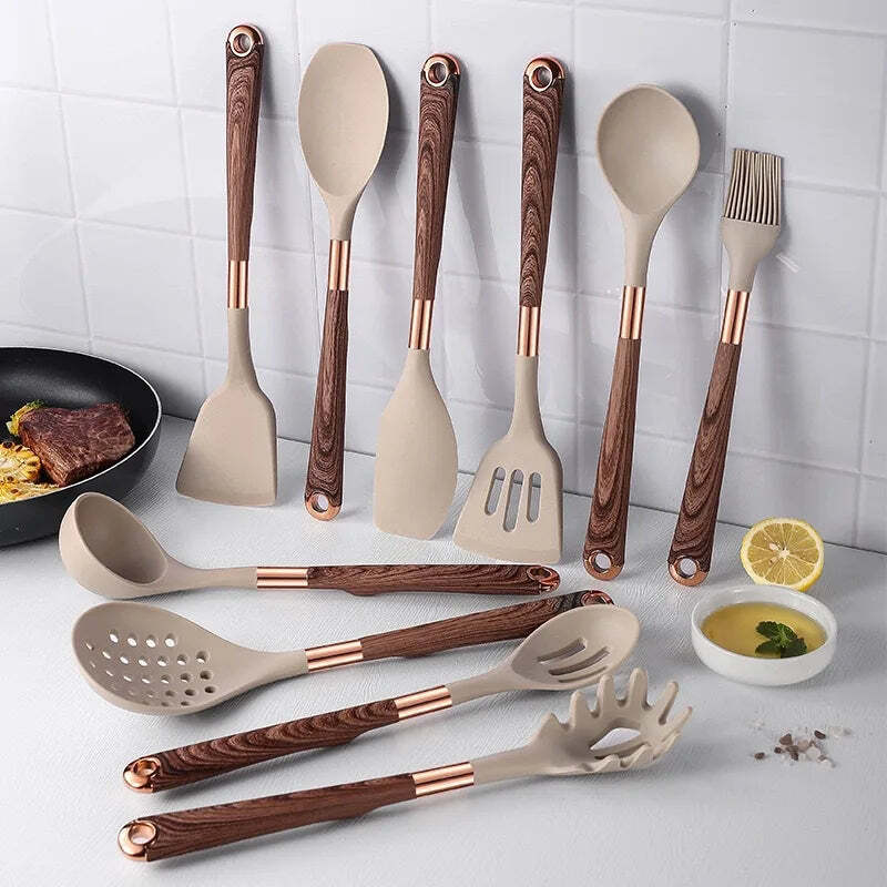 Image of Fashionable silicone cooking utensils with gold-plated wood grain handle