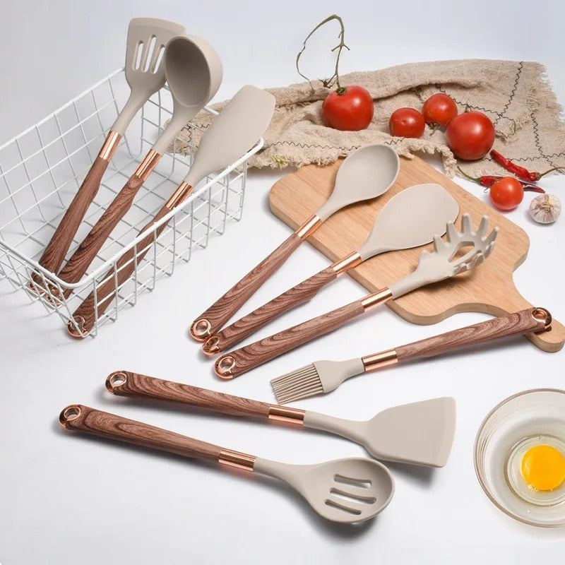 Image of Fashionable silicone cooking utensils with gold-plated wood grain handle