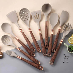 Image of Fashionable silicone cooking utensils with gold-plated wood grain handle