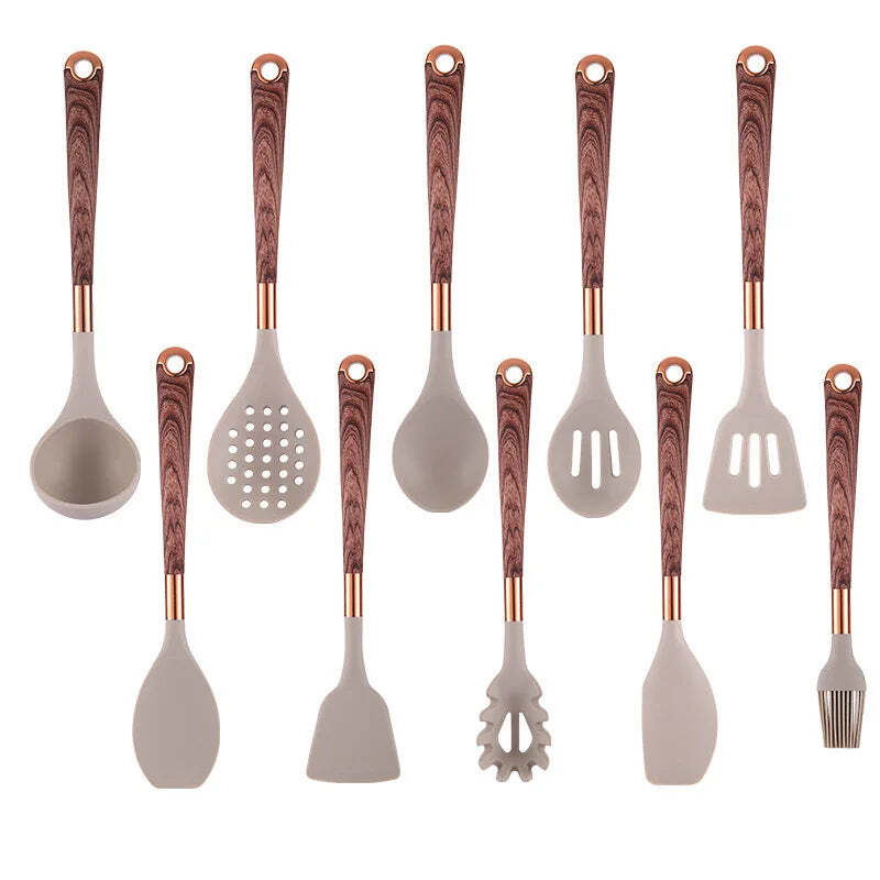 Image of Fashionable silicone cooking utensils with gold-plated wood grain handle