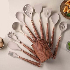 Image of Fashionable silicone cooking utensils with gold-plated wood grain handle