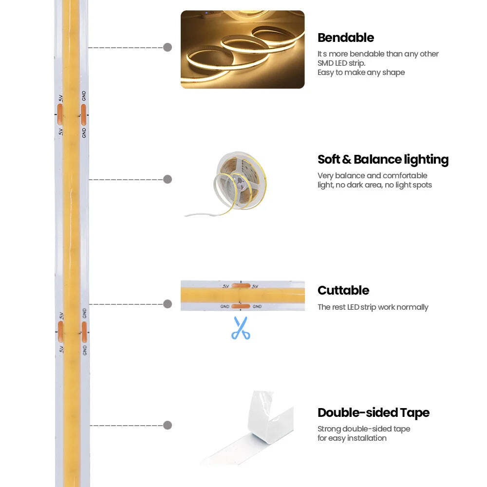 Image of Flexible 5V COB LED strip light for home decor and TV backlighting