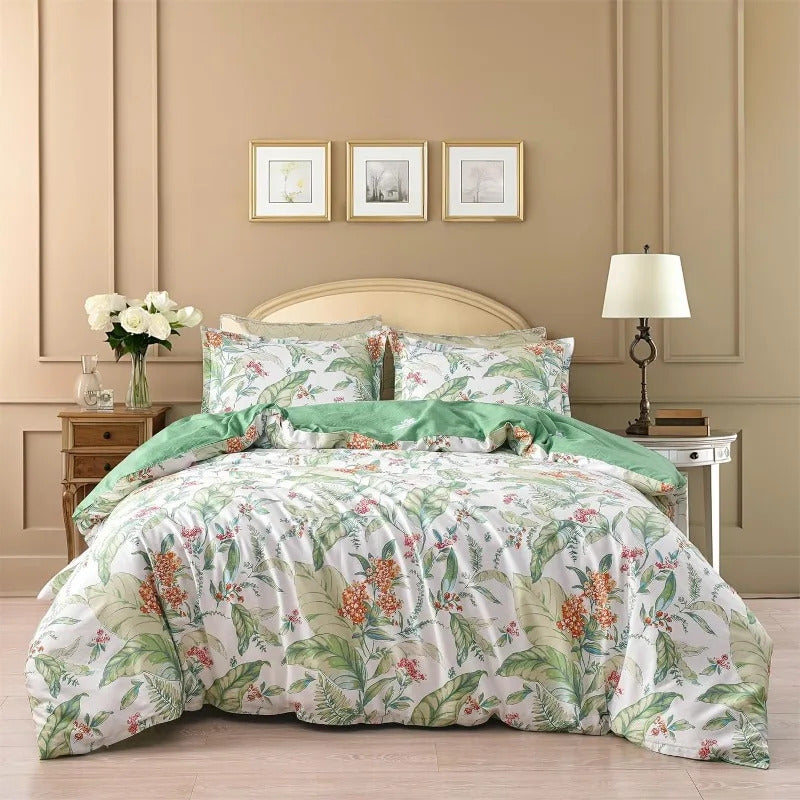 Image of Floral cotton duvet cover set with hidden zipper and pillowcases