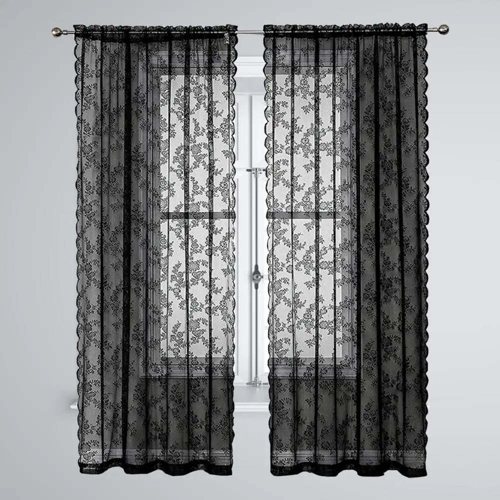 Image of Floral patterned black lace sheer curtain for home decoration